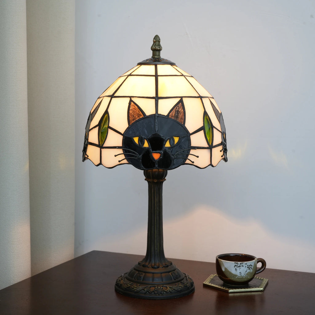 Midnight Cat stained glass lamp, lit